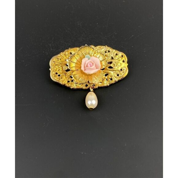 Romantic Porcelain Pink Rose Filigree Dangle Pearl Brooch Pin DT1834 - Picture 1 of 4
